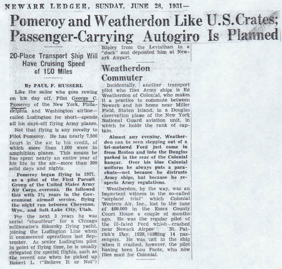 George Pomeroy, Newark (NJ) Ledger, June 28, 1931 (Source: NASM)
