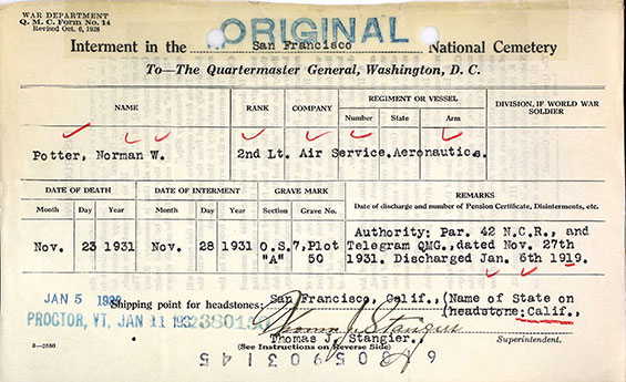 Norman Potter Interment Form, November 28, 1931 (Source: ancestry.com) 