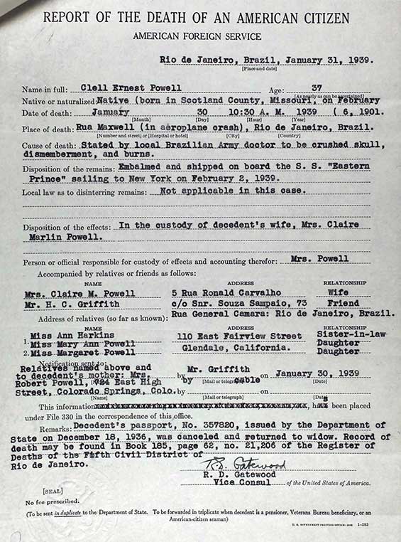 C.E. Powell, Death Certificate, Brazil, January 1, 1939 (Source: ancestry.com)