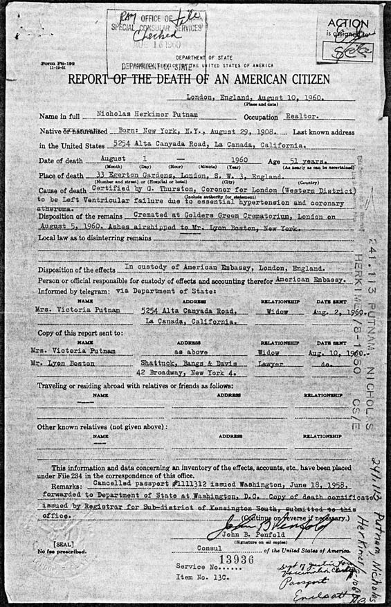 Nicholas H. Putnam Death Certificate, August 1, 1960 (Source: Woodling)