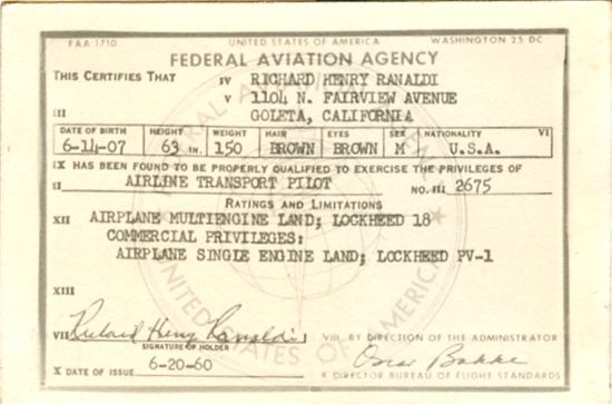Dick Ranaldi's Pilot Certificate, Issued June 20, 1960