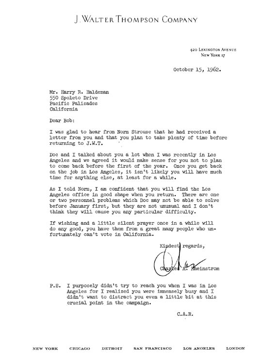 Letter, Rheinstrom to Haldeman, October 15, 1962 (Nixon Library)