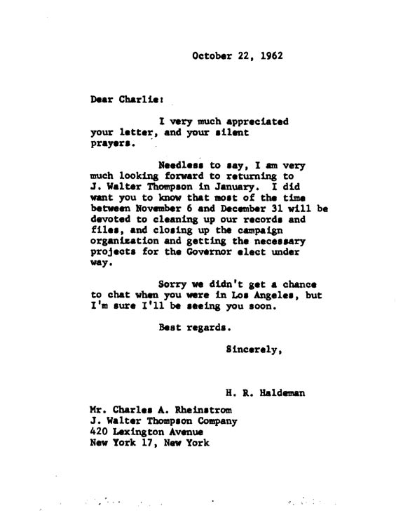 Letter, Haldeman to Rheinstrom, October 22, 1962 (Nixon Library)