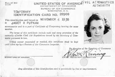Janet Roberts (Putnam) Temporary Pilot License, November, 1938