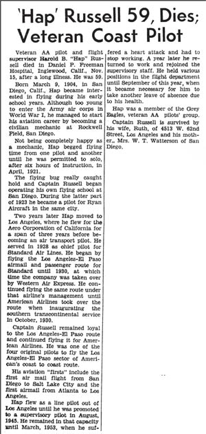 Hap Russell Obituary, November 15, 1963, Paper Unknown (Source: Specht)