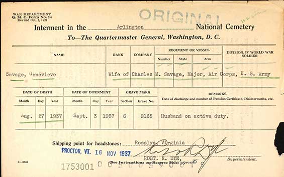 Genevieve Moore Savage, Arlington Certificate, 1937 (Source: ancestry.com)