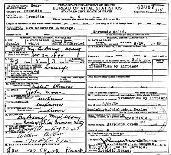 Genevieve Jeanette Moore Savage, Death Certificate, August 30, 1937 (Source: ancestry.com)