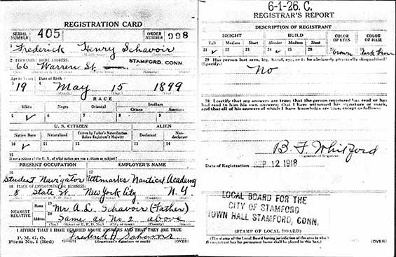 Frederick Schavoir, Draft Registration, September 12, 1918 (Source: ancestry.com)