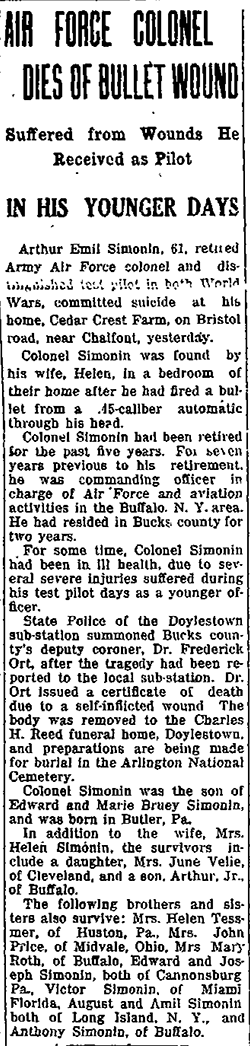 Obituary, A.E. Simonin, January 7, 1950 (Source: Woodling) 