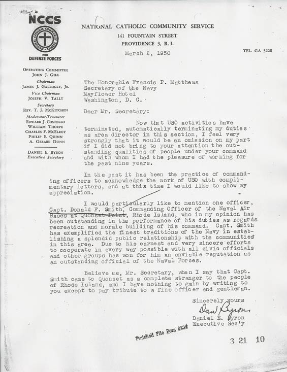 Letter of Commendation, USO, Providence, RI, March 2, 1950 (Source: Thornton)