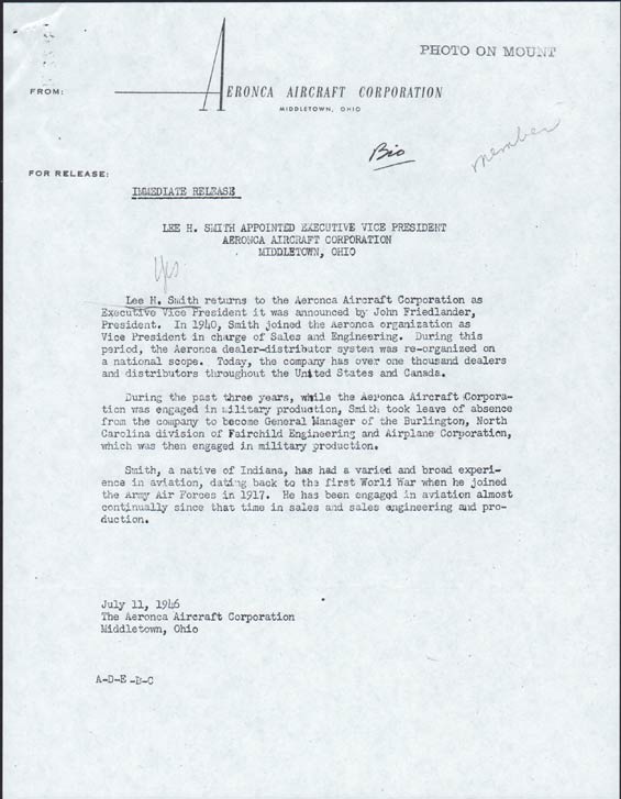 Press Release, Aeronca Aircraft Corp., July 11, 1942 (Source: NASM)