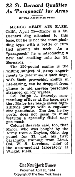 Major the Parapooch, The New York Times, April 26, 1944 (Source: NYT)