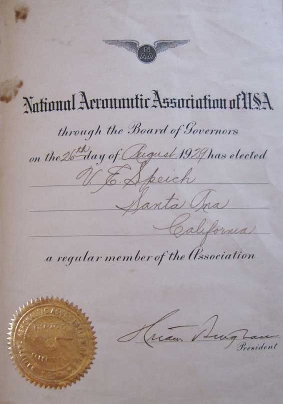 National Aeronautics Association Certificate, August 26, 1929 (Source: Lynn)