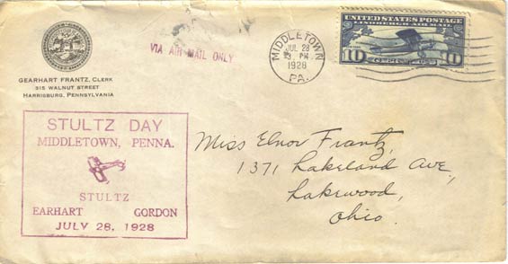 Stultz Day Cover, July 28, 1928, Middletown, PA (Source: Staines)
