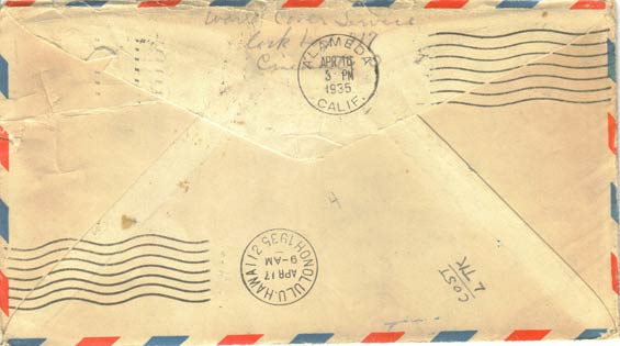 Two-Way U.S. Postal Cachet, California to Honolulu and Return, April 18-22, 1935 (Source: Staines)