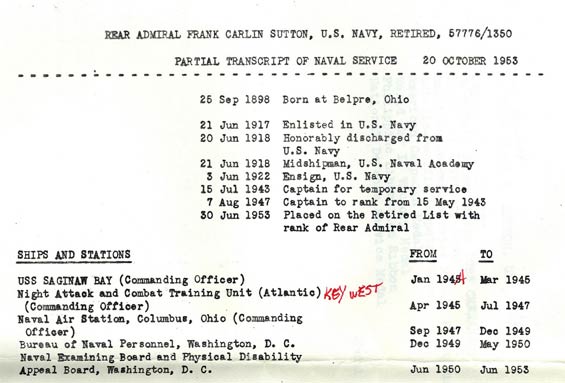 Frank Carlin Sutton, Service Record (Source: Web)