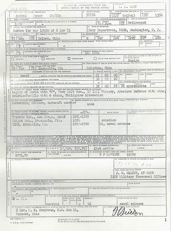 F.C. Sutton, Service Separation Form, June 30, 1953 (Source: Web)