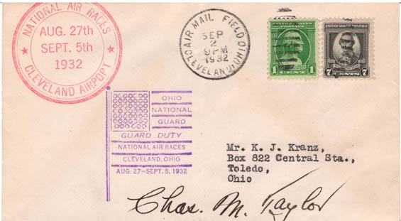 U.S. Postal Cachet, National Air Races, Cleveland, OH, September 2, 1932 (Source: Kranz)