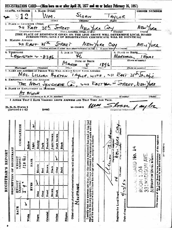 Sloan Taylor, WWII Draft Registration, April, 1942 (Source: ancestry.com)