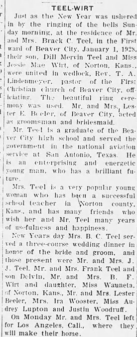 Teel-Wirt Wedding, The Times-Tribune (Beaver City, NB), January 5, 1928 (Source: newspapers.com) 