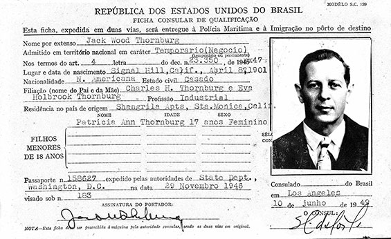 J.W. Thornburg, Brazilian Entry Document, June 10, 1949 (Source: ancestry.com) 