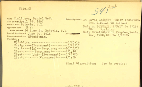 D.W. Tomlinson, Navy Record (Source: ancestry.com)