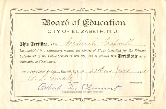 F.M. Trapnell, Primary School Graduation Certificate, June 28, 1912