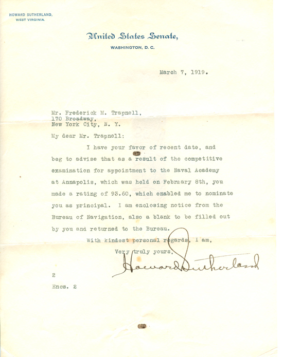 Trapnell's Nomination for the Naval Academy, March 7, 1919