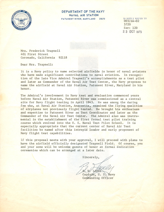 Trapnell Field Intention Letter, October 23, 1975