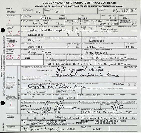 William Tunner, Death Certificate, April 8, 1983 (Source: ancestry.com) 