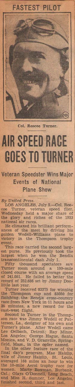 Roscoe Turner, Undated News Article, Ca. 1933 (Source: Kranz)