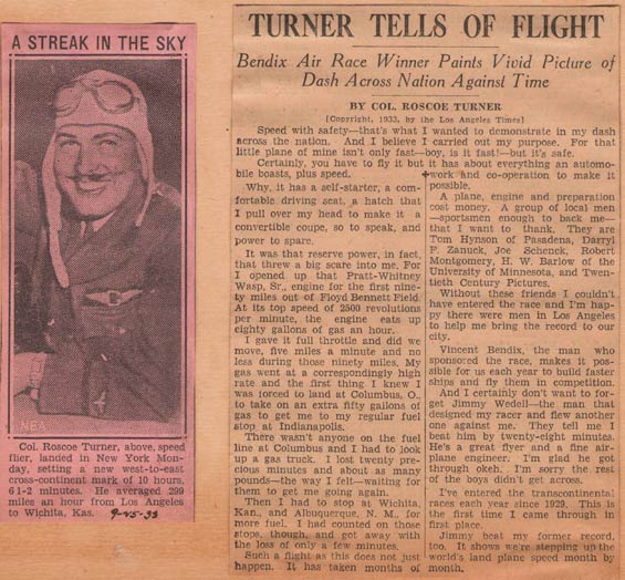Roscoe Turner, News Article, September 25, 1933 (Source: Kranz)