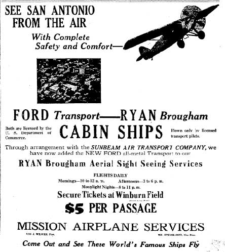 Public Rides in Ford Trimotor, San Antonio (TX) Light, October 28, 1928 (Source: Woodling)
