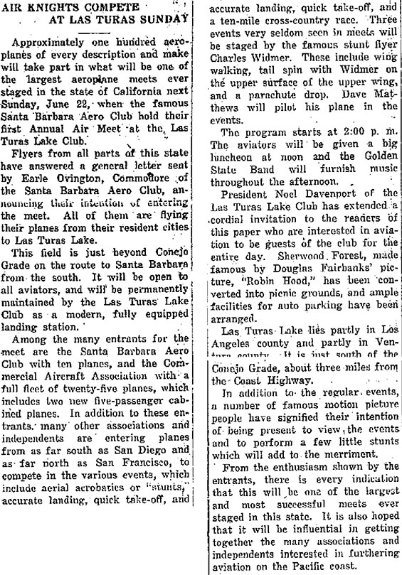 Widmer and Air Meet, The Van Nuys News, June 19, 1924 (Source: Web) 