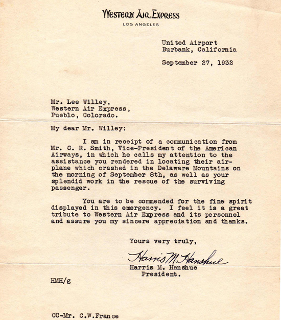 Western Air Express Letter, September 27, 1932