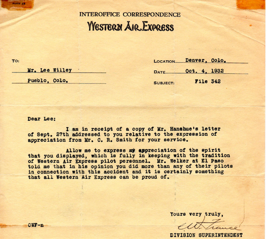Western Air Express Letter, October 4, 1932