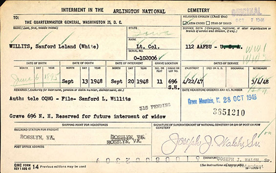 S.L. Willits, Arlington Interment Record, 1948 (Source: ancestry.com)