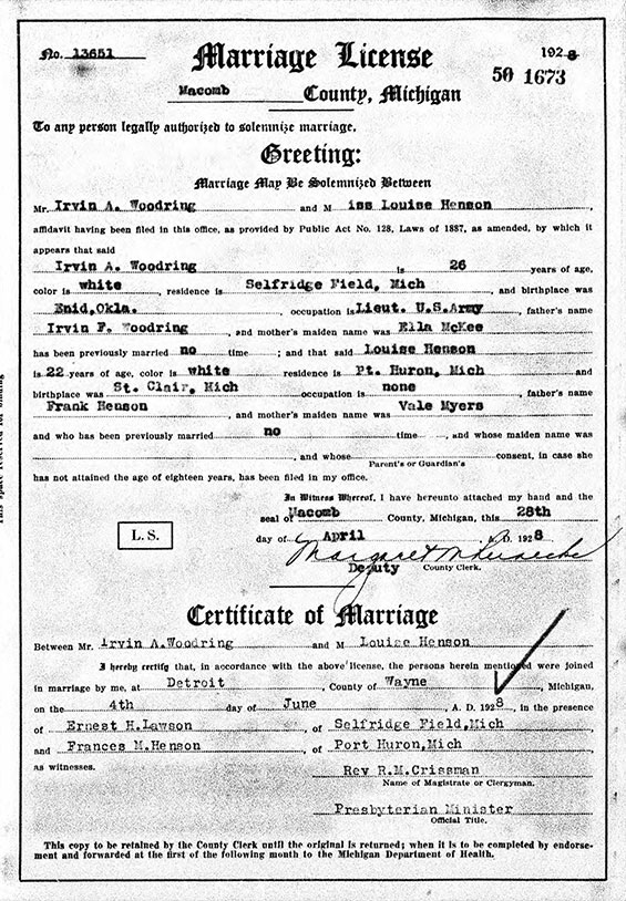 I.A. Woodring/Louise Henson Certificate of Marriage, June 4, 1928 (Source: ancestry.com)